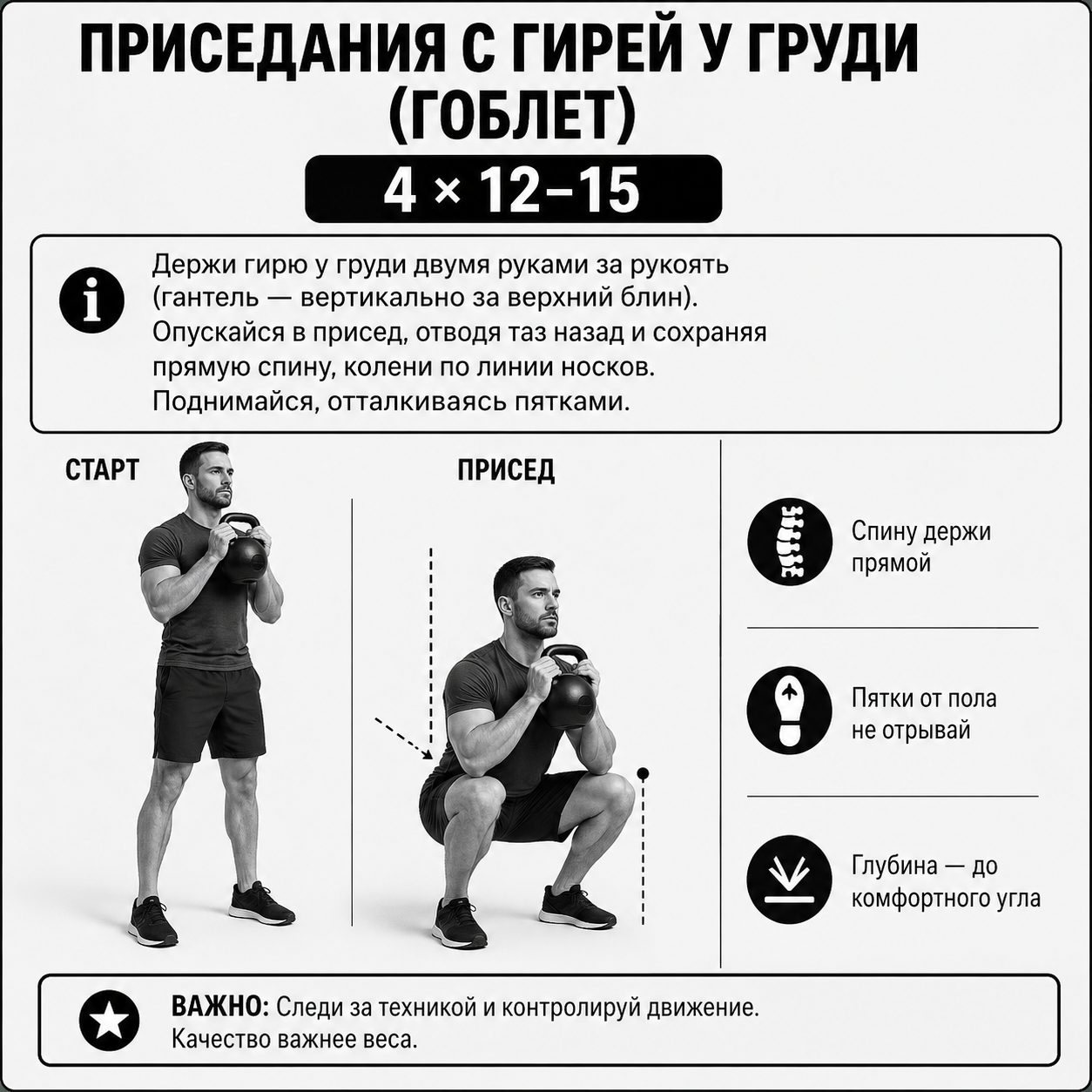 Гоблет-приседания с гирей у груди