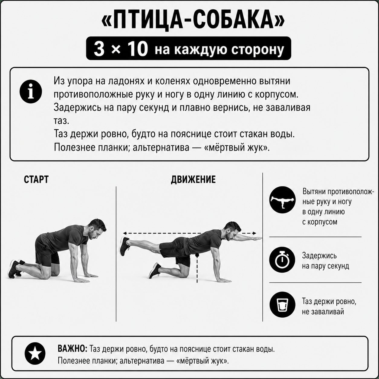 Упражнение «птица-собака» на стабилизацию корпуса