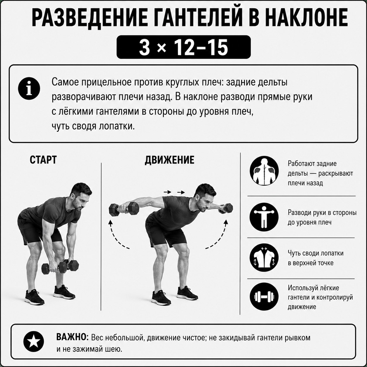 Разведение гантелей в наклоне на задние дельты