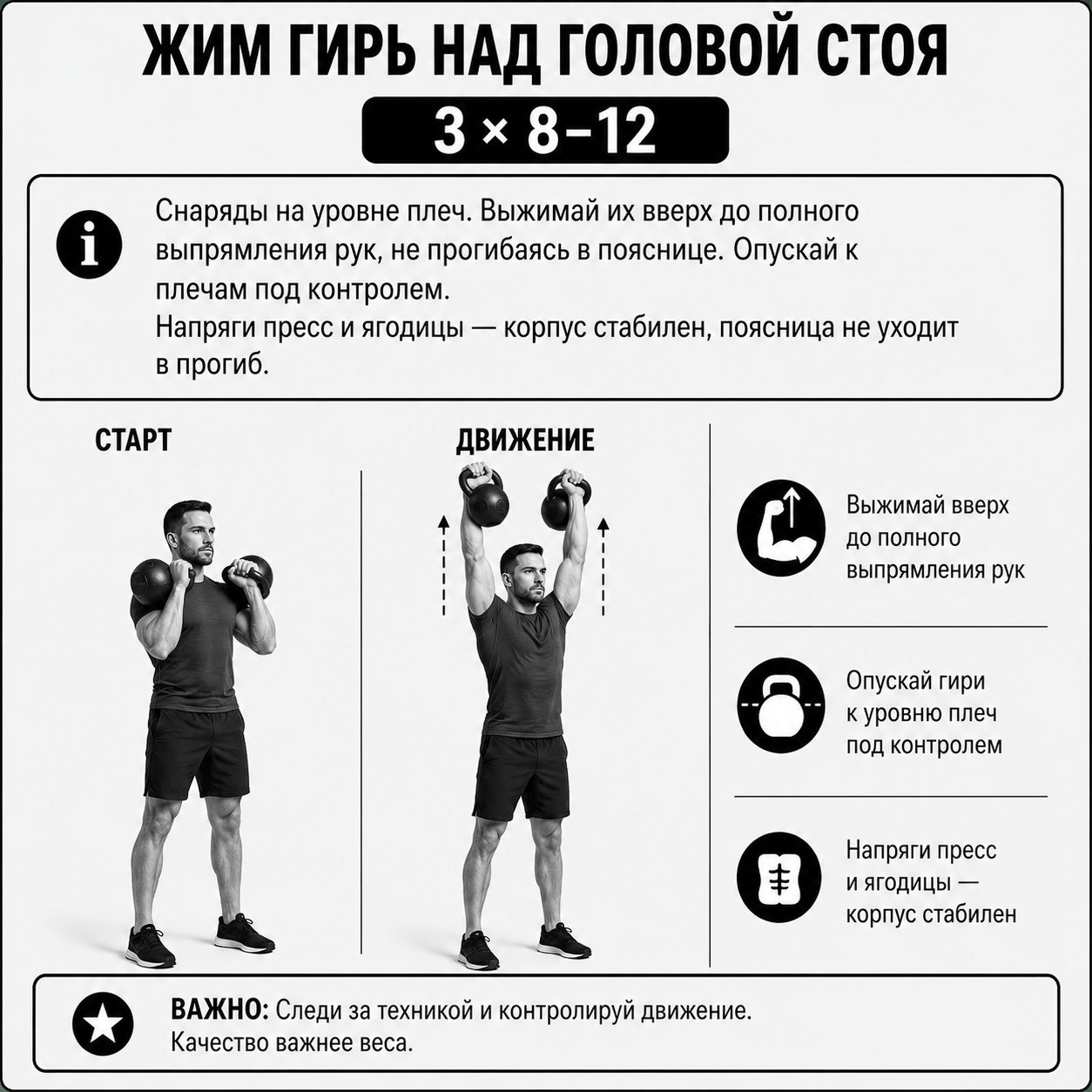 Жим двух гирь над головой стоя