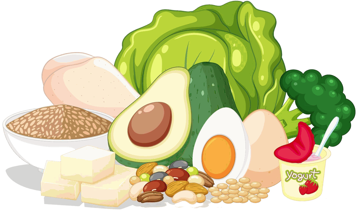 Полезные продукты для похудения: салат, авокадо, брокколи, яйца, орехи, тофу и йогурт